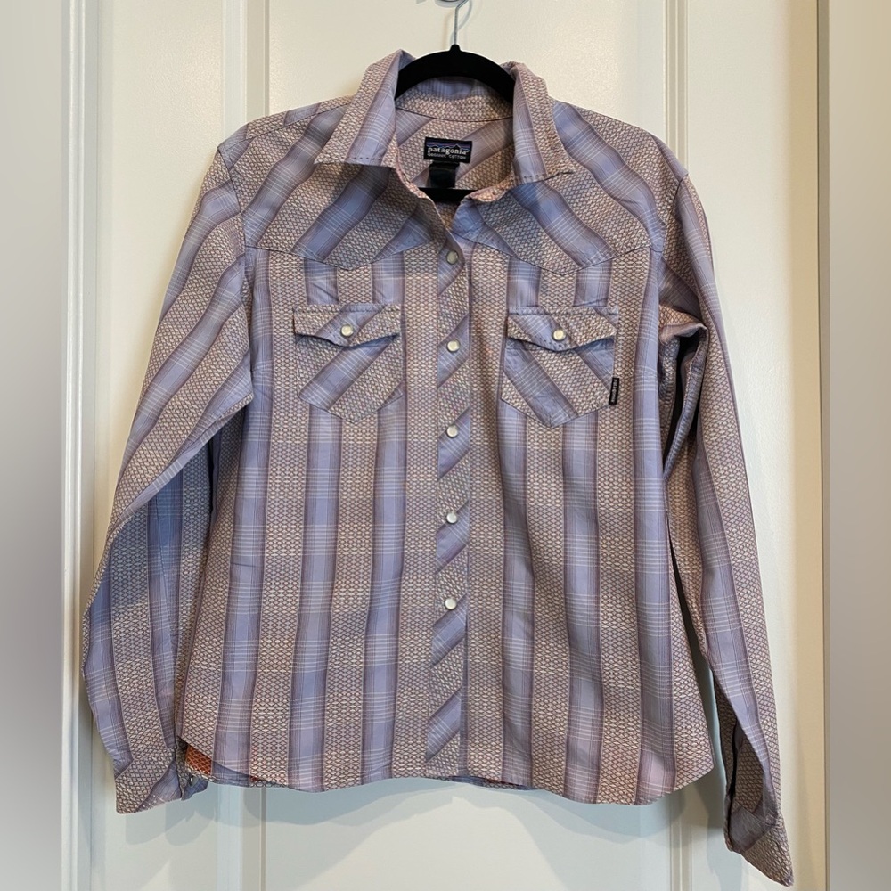 Patagonia Drifter Western Pearl Snap Button Lavender Plaid Shirt Women's Large - Picture 3 of 16